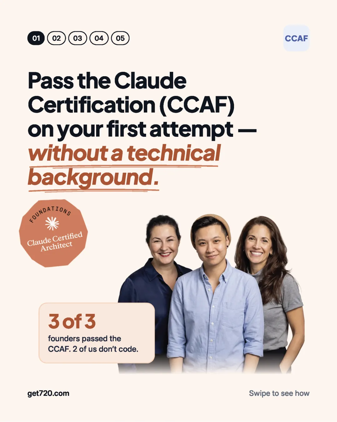 Anita Ortiz Lubke, Shin Lee, and Alice Bazdikian, three founders who passed the Claude Certified Architect Foundations exam