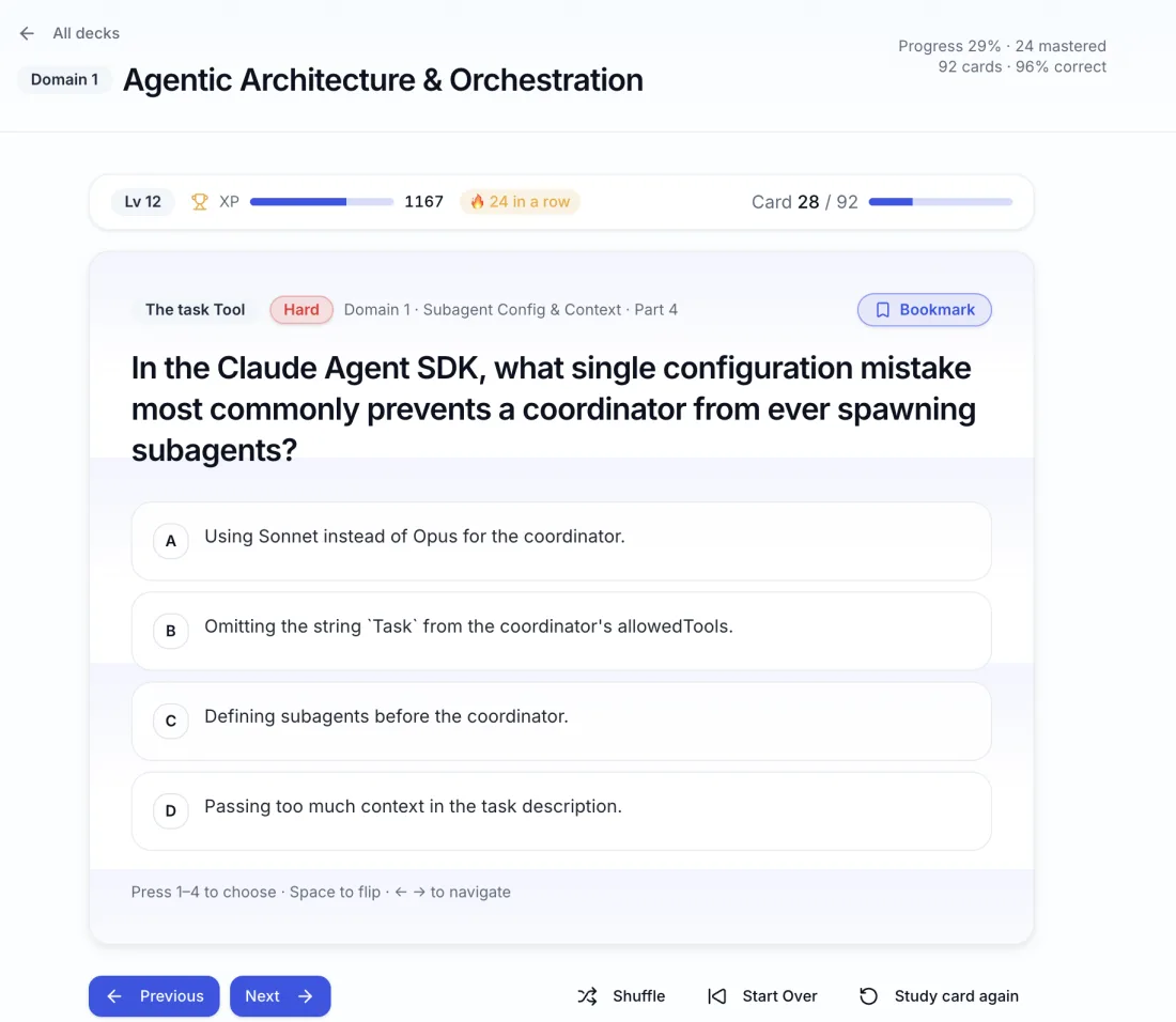 Claude Study Cards: a Domain 1 practice card with four answer options